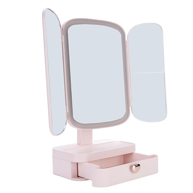 Desktop Lighted Makeup Mirror Organizer 3 Color Temperature Dimming LED Light for Bedroom