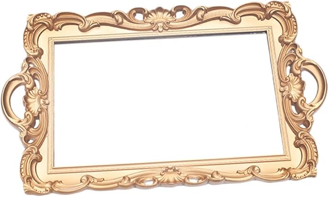 Golden Retro Mirror Tray Decorative Makeup Organizer Vanity Photo Prop European Style Rectangular Plastic Storage Plate for Perfume and Jewelry Display