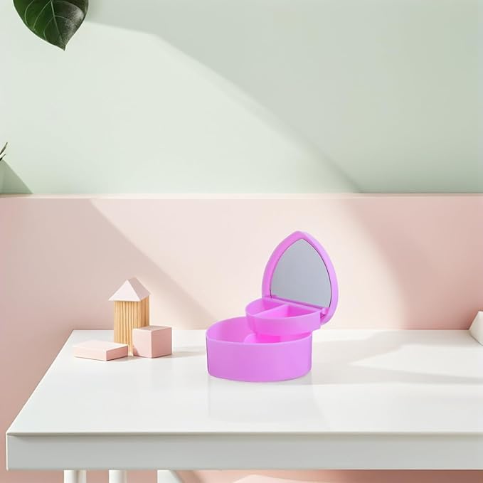Heart Shaped Travel Jewelry Box for Girls Double Layer Jewelry Organizer with Built-in Makeup Mirror Portable Lightweight Storage for Earrings Rings Bracelets and Hair Accessories