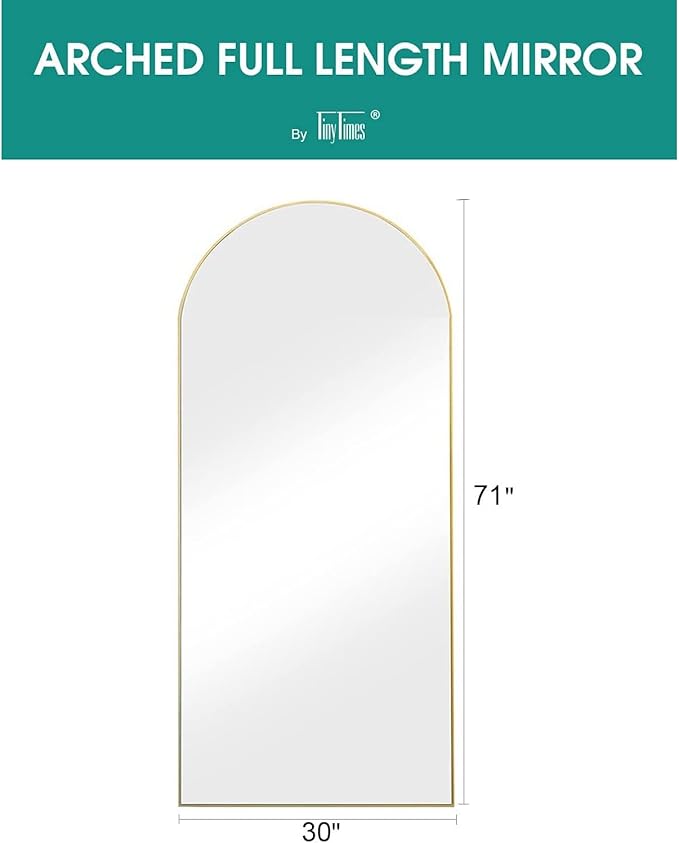 TinyTimes Full Length Mirror, 71''x30'' Floor Mirror with Stand, Arched Wall Mounted Mirror, Large Full Body Mirror with Aluminum Frame Hanging or Leaning for Bedroom, Living Room, Cloakroom (Gold)