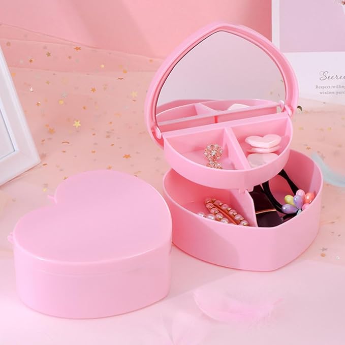 Heart Shape Jewelry Box 5pcs Double Layer Jewelry Case with Mirror Trinket Keepsake Box Makeup Cosmetics Storage Jewelry Organizer for Earring Necklace Bracelet Watch