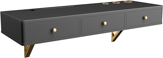 47-Inch Floating Shelf Wall-Mounted Vanity Table with Drawer, Makeup Desk, Closet Organizer, Black, MDF+Glass
