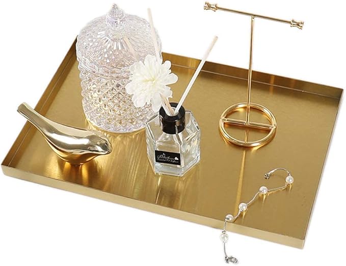 FREELOVE Gold Tray for Bathroom Vanity Brass Decor, Small Candle Holder, Rectangle Soap Dish, Brushed Square Plate, Coffee Table Toilet Back Modern Antique, 8''X12''