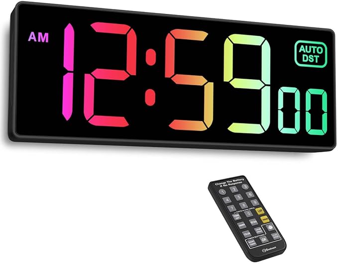 Soobest Digital Wall Clock with Remote Countdown Electrical Timer Seconds for Gym Living Room Office Classroom, 8 RGB Colors, Auto DST, Corded Plug in Large Display 5 Dimmer (10.2" Multicolor)