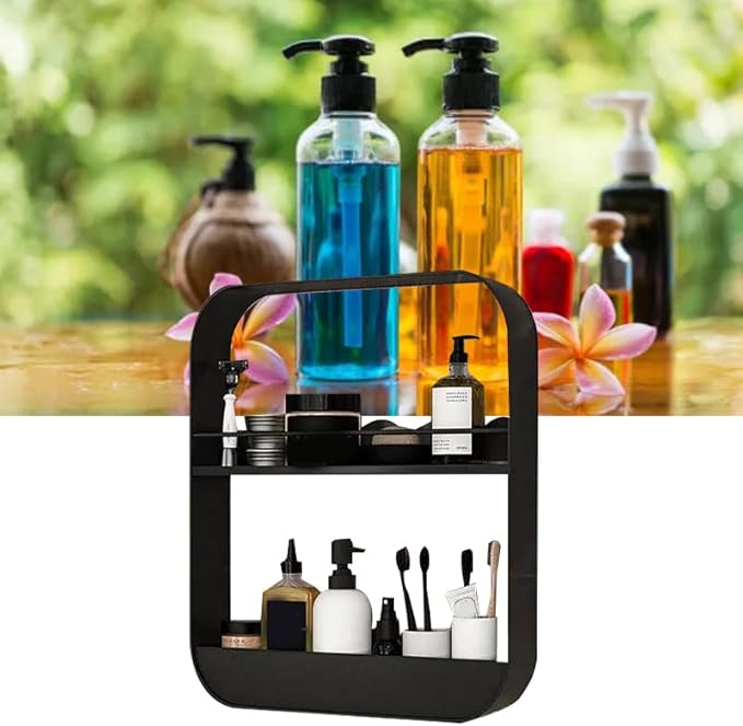Jerliflyer Wall Mounted Floating Shelves for Bathroom, 2 Layer Carbon Steel Makeup and Cosmetic Organizer Rack