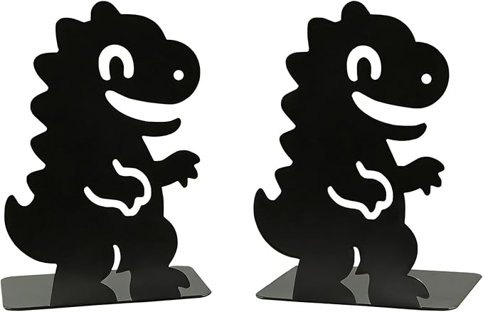 Black Dinosaur Bookends for Shelves, Dinosaur Metal Book Ends L-Shaped Home Decorative Bookends Book Holder Stopper Desk Organizers Book Dividers for Kid Boy Bookshelf Office School Library