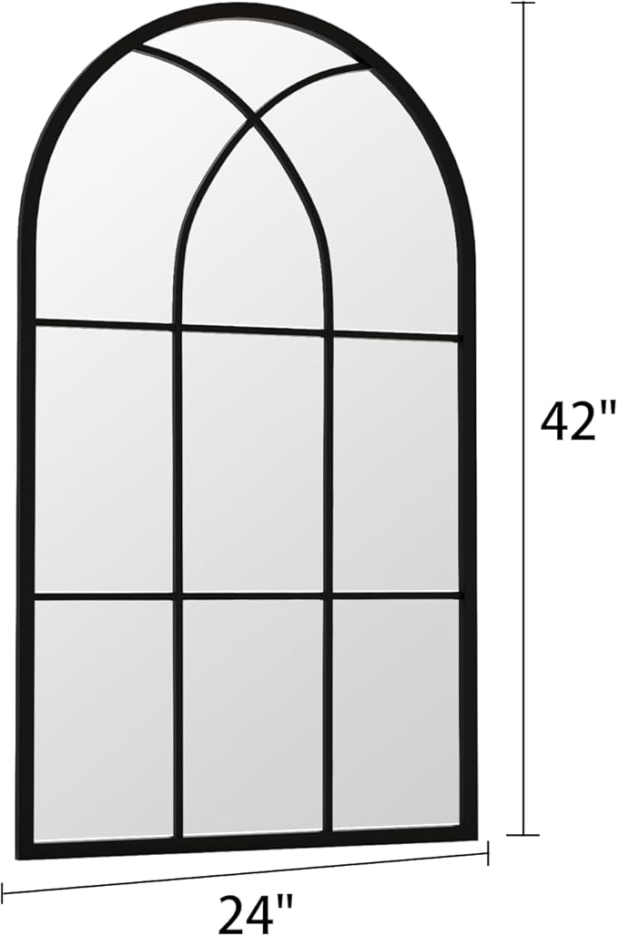 Rowjut Arched Wall Mirror 42" x 24" Window ＆ Wall Decorative Mirror, Iron Framed Window Pane Mirrors, Arched Top Wall Mirror for Entryway Living Room, Bedroom, Fireplace (Black)
