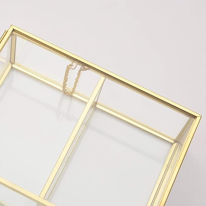Cosmetic Organizer, Make Up Organizer Glass Compartments Make Up Brush Holder Clarity Cosmetic Box with Lid Jewelry Box for Desk Make Up Holder Kitchen Bathroom, Gold