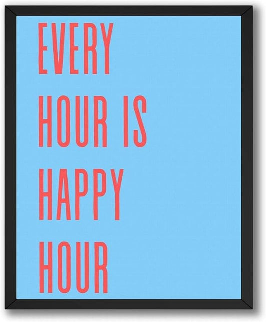 InkFlow Posters Every Hour Happy Hour Poster - Modern Typography Quote Art - Blue Red Minimal Design - Kitchen Bar Wall Decor Accent - Contemporary Home Print - 24x32 Unframed Canvas Print