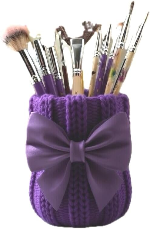 Knitted Bowknot Makeup Brush Holder, Cute Bow Vase, Pen Organizer for Kitchen, Bathroom or Office (Purple)