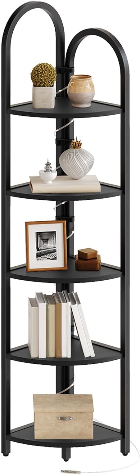 MAHANCRIS 5-Tier Corner Shelf with LED Light, 64.6'' Arched Corner Bookshelf, Narrow Storage Shelf with Metal Frame, for Living Room, Bedroom, Small Spaces, Black CSBK55101