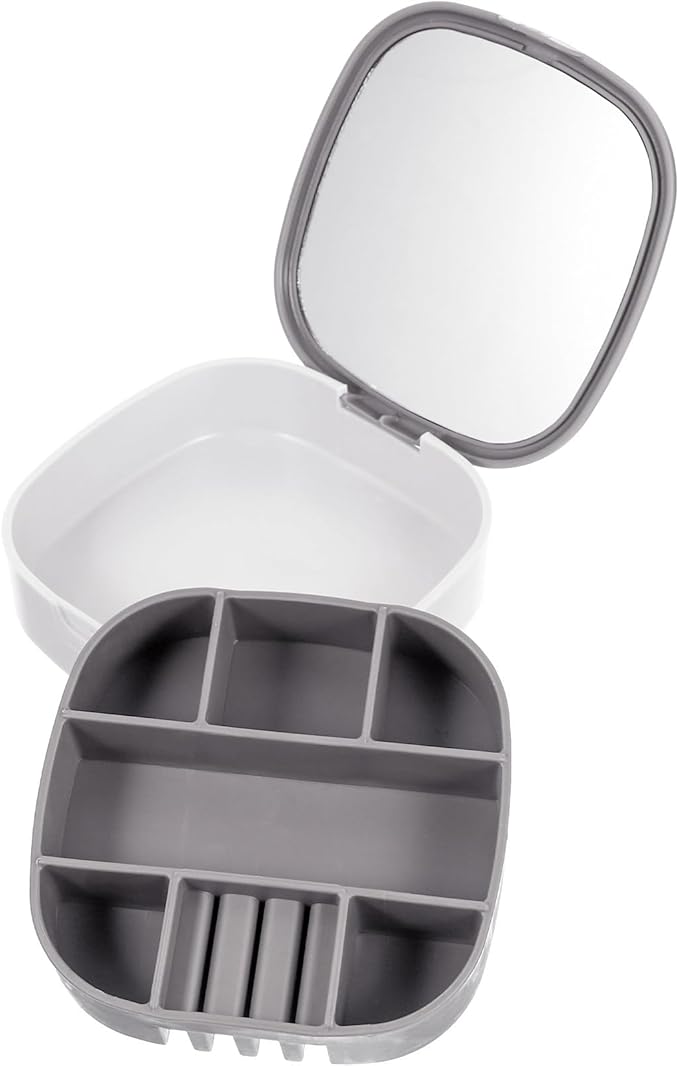 Baluue Travel Jewelry Box Organizer with Mirror, Portable Necklace Ring Earring Storage Case, Gray White Jewelry Display and Makeup Organizer for Outdoor Use