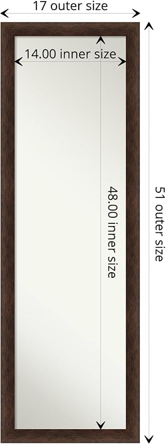 Amanti Art Brown Full Length Mirror for Door, 51x17 Warm Walnut Narrow Tall Wall Mirror Full Length, Mounted to Door or Closet Wall with no Visible Brackets, Casual Wood Frame, Bedroom Decor