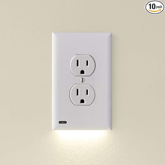 10 Pack - SnapPower GuideLight [for Duplex Outlets] - Replaces Plug-In Night Light - Electrical Receptacle Wall Plate With LED Night Lights - Auto On/Off Sensor - (Duplex, White)
