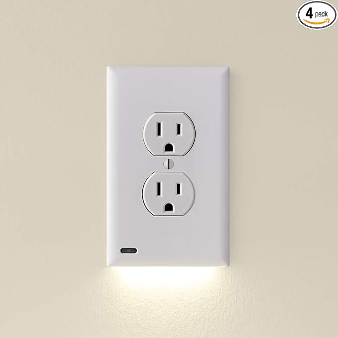 4 Pack - SnapPower GuideLight [For Duplex Outlets] - Replaces Plug-In Night Light - Electrical Receptacle Wall Plate With LED Night Lights - Auto On/Off Sensor - (Duplex, White)