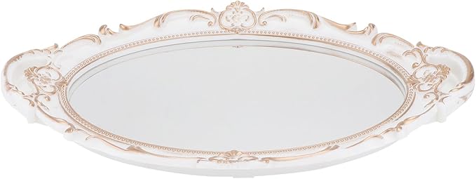 SEWACC Vintage Oval Mirror Tray Decorative Makeup Organizer Dresser Display Tray White Glass Surface for Vanity Table and Jewelry Storage