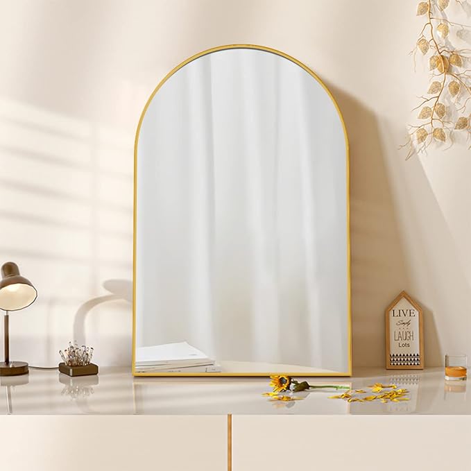 Arched Wall Mirror, Gold Decorative Hanging Mirror, 30"x20" Vanity Mirror Brushed Aluminum Alloy Frame for Bathroom, Bedroom, Living Room, Entryway, Hang Vertical or Horizontal