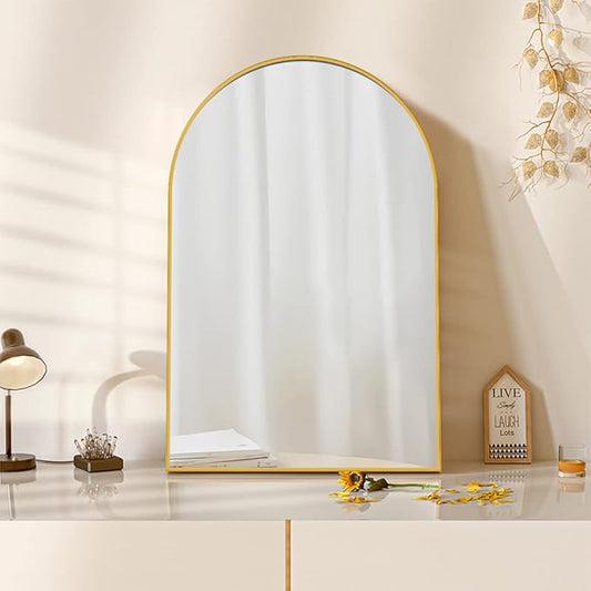 Arched Wall Mirror, Gold Decorative Hanging Mirror, 30"x20" Vanity Mirror Brushed Aluminum Alloy Frame for Bathroom, Bedroom, Living Room, Entryway, Hang Vertical or Horizontal