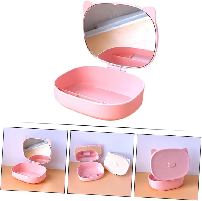 BESPORTBLE Cartoon Cat Ear Jewelry Box with Mirror Cute DIY Makeup Organizer for Boys and Girls Multi-Grid Storage for Earrings and Accessories for Travel and Home Use