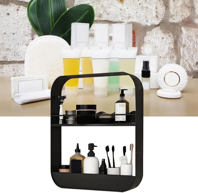 Jerliflyer Wall Mounted Floating Shelves for Bathroom, 2 Layer Carbon Steel Makeup and Cosmetic Organizer Rack