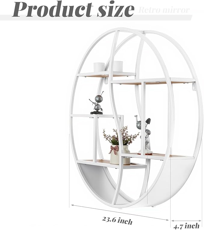 Round Wall Shelf,24 inch Metal Circle Wood Floating Shelves,Rustic White Wall Mounted Display Organizer Shelf for Fireplace,Living Room,Bathroom