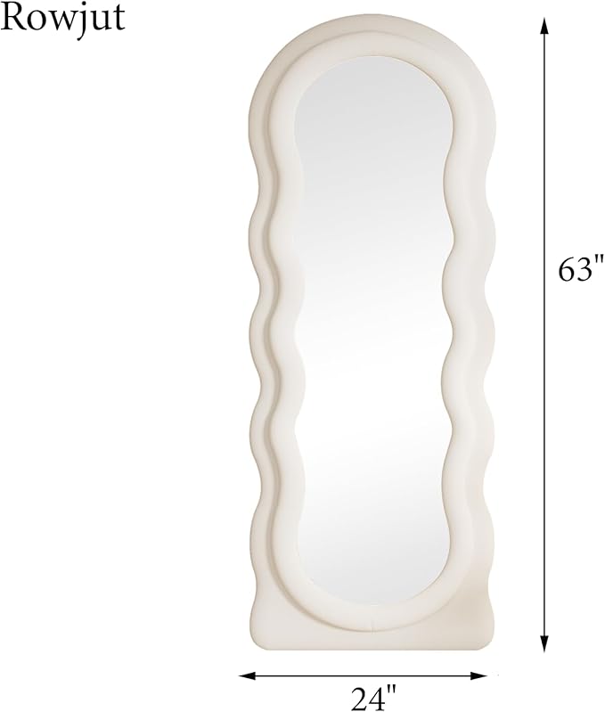 Rowjut Full Length Mirorr, 63"x24" Mirrors Full Length, Irregular Wavy/Wall Mounted & Standing Floor Mirror with Flannel, Body Mirorr Hanging or Leaning Against Wall for Bedroom (White)