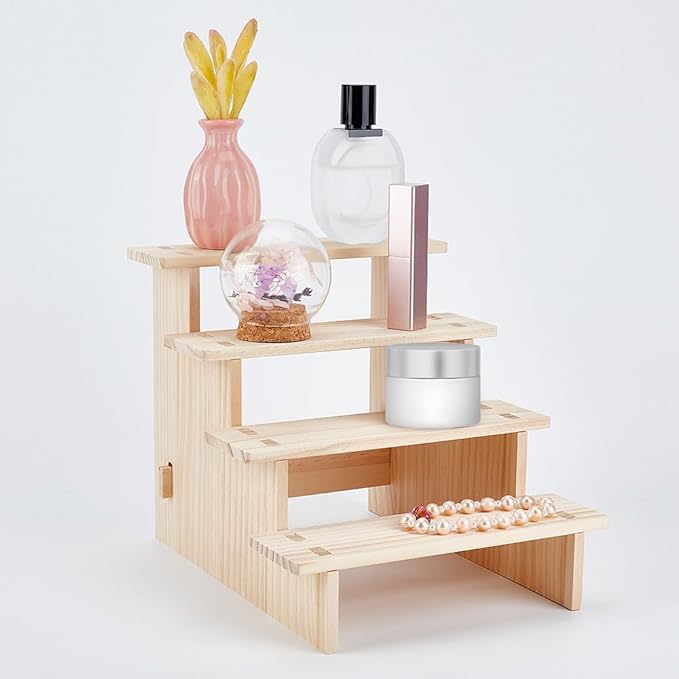 NBEADS 4-Tier Wooden Display Riser Shelf, Antique White Tabletop Small Food Stand Risers Display Makeup Step Perfume Organizer for Fragrance Cosmetics Figure Collection 9.41x7.87x7.36inch