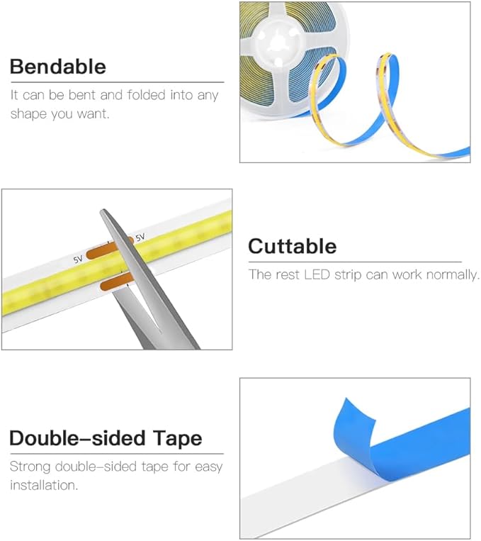ZSLAIFU A 5V USB LED Light Strip, COB LED Strip Lights, White 5V LED Lights, Small LED Strip Light, TV Lights for TV Under Cabinet Kitchen Living Room Shelving or Displays (White, 3.28ft)