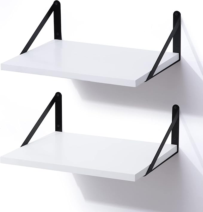 Marsmiles White Floating Shelves for Wall, 12 Inch Deep Wood Wall Mounted Shelves Set of 2, 16W x 12D Wide Floating Wood Shelves for Bathroom Bedroom Kitchen Living Room, White