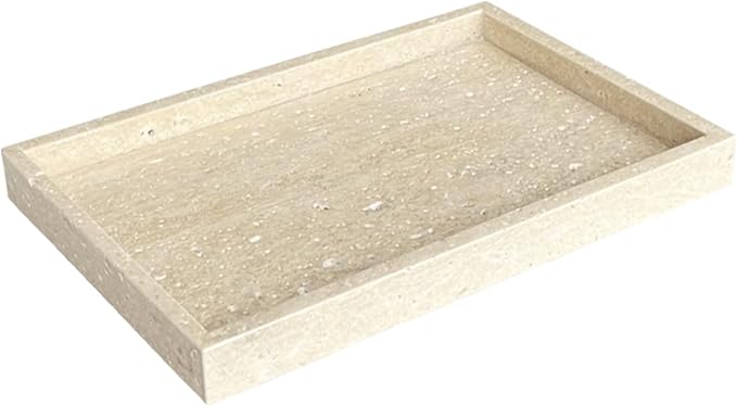 Natural Marble Vanity Tray, Cosmetics Towels Tray, Decorative Tray, Catchall Tray for Dresser Bathroom Kitchen (Beige Travertine, 11.8L x 7.87W x 1.18H)