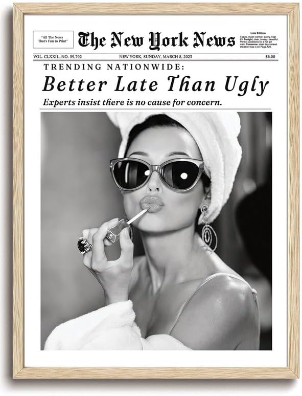 Bwodke OAK Wood Framed Wall Art Audrey Hepburn Newspaper Canvas Art Vintage Headline Pictures Wall Decor Better Late Than Ugly Prints Trendy Artwork for Girly Dorm Bedroom Bathroom 8"x10"