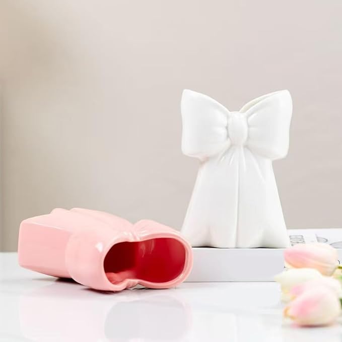 Bow Vase Resin Decorative Small Vase, Pink White Makeup Brush Holder Pen Organizer for Desk, Bathroom Counter Organizer, Home Office Decor Cute Storage White