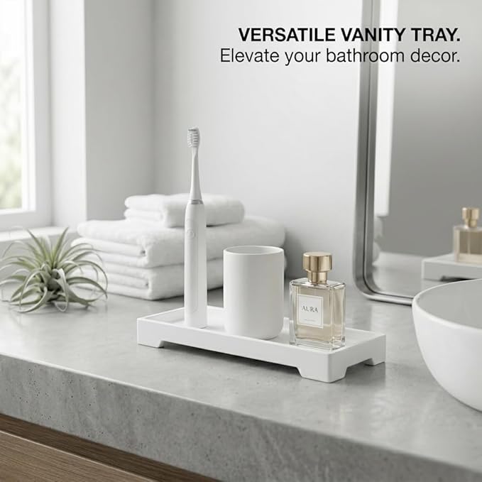 Countertop Vanity Tray - Silicone Bathroom Sink Organizer & Kitchen Soap Tray, Footed Anti-Slip Design, Waterproof Caddy for Perfume, Jewelry, Makeup, Bottle, Oil, Sponge Holder, White (L10 x W 4.2")