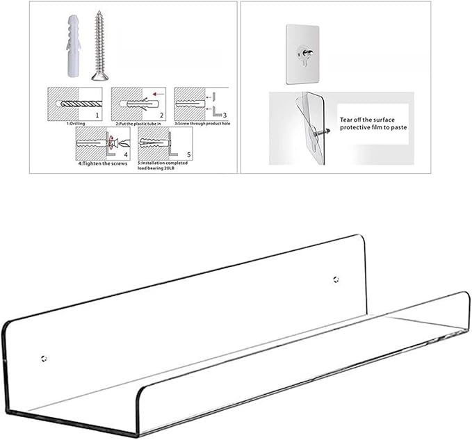 2pcs Acrylic Floating Shelves Adhesive Invisible Wall Shelf No Drilling Organizer for Bathroom Bedroom Clear Display Makeup Organizer