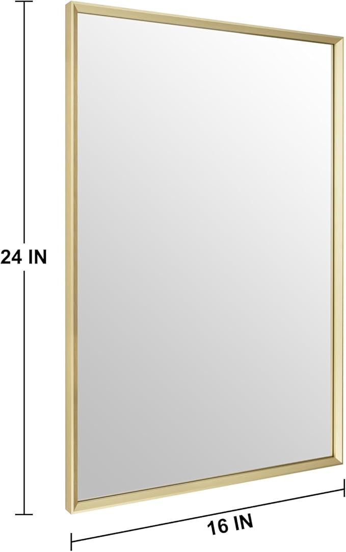 Bathroom Mirror for Wall, 16x24 Inch Metal Framed Mirror, Brushed Gold Rectangle Mirror, Bathroom Vanity Mirror Farmhouse, Tempered Glass, Anti-Rust, Hangs Horizontally or Vertically