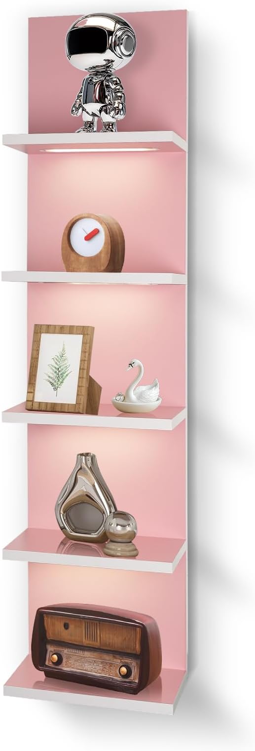 5 Tier Pink Wall Shelf Unit, Pink Shelves, Wall Shelves for Bathroom,Bedroom, Vanity Shelves, Wall Mount Vertical Lack Shelf with led