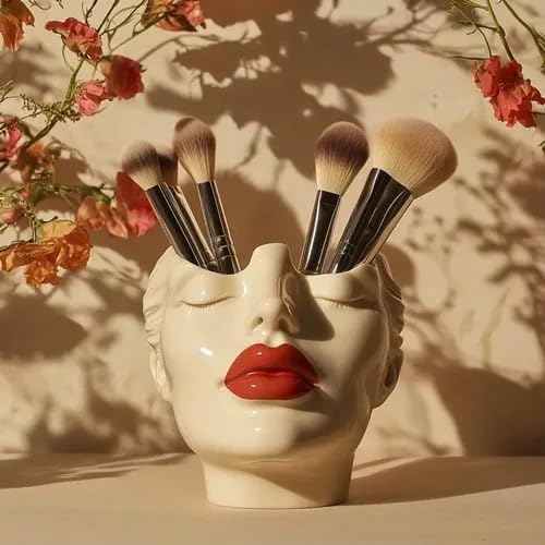 Women's Head Shape Boho Feminist Decoration Body Vase Head Vase Vintage Makeup Brush Holder Boho Makeup Organizer Rotating Makeup Organizer Idealized for Home Decor (C)