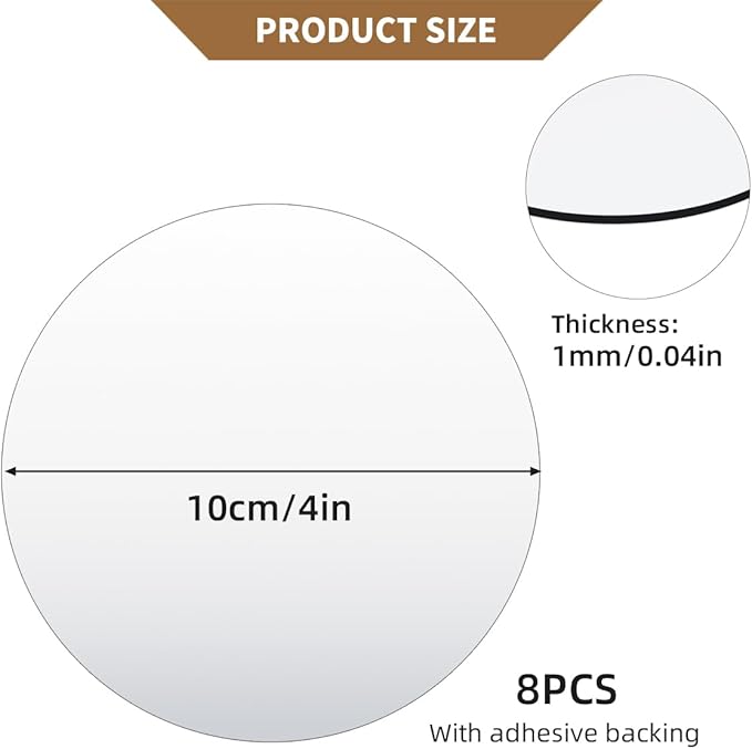 8 Pack Acrylic Round Mirrors, 4 inch Circle Mirror Tiles Self Adhesive Mirror Stickers for Wall Home Living Room Bedroom Decor, Small Mirrors for Crafts (Thickness 1 mm) (4in/10cm)