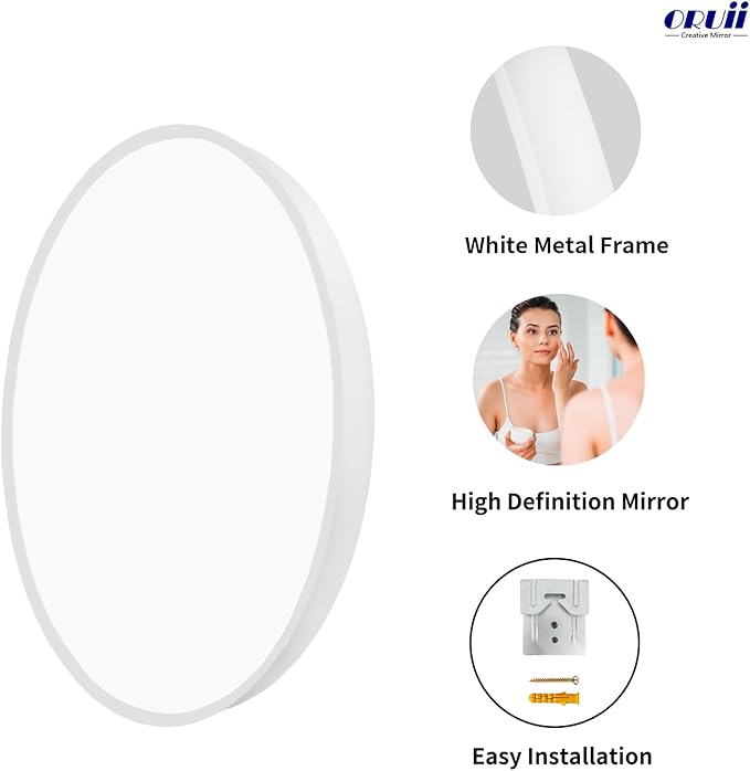 Oruii White Round Mirror, White Round Mirror 24 inch, Circle Bathroom Mirrors Metal Frame, Circle Mirrors for Wall, Bathroom, Over Sink, Living Room, Entryway, Vanity
