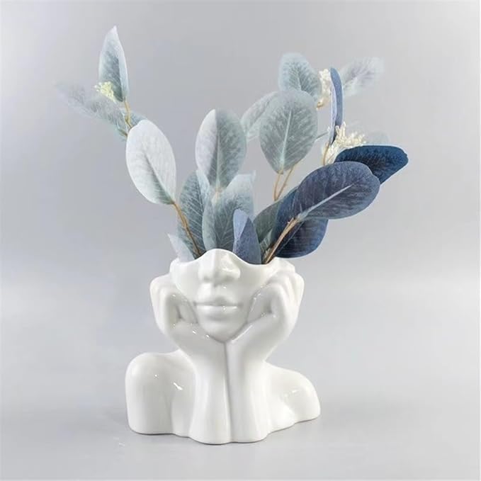 Face Vase – Small Human Body Art Vase in Resin,Women’s Head Shape for Flowers, Makeup Organizer & Desk Decor (White)