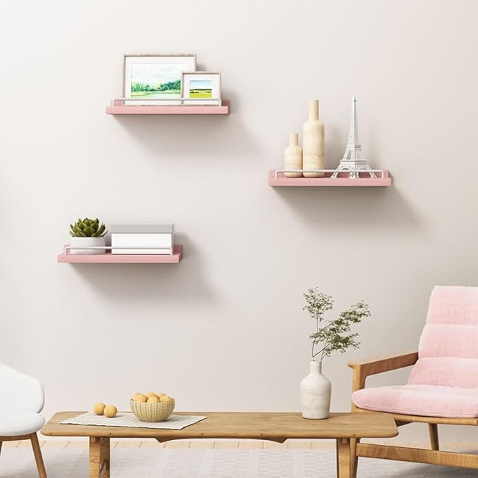 RYOFOBETTO Small Floating Shelf, 6X9 Inches Farmhouse Wall Shelves for Living Room, Bedroom, Picture Frames, Plants, Kitchen, Set of 3 (Pink and White)
