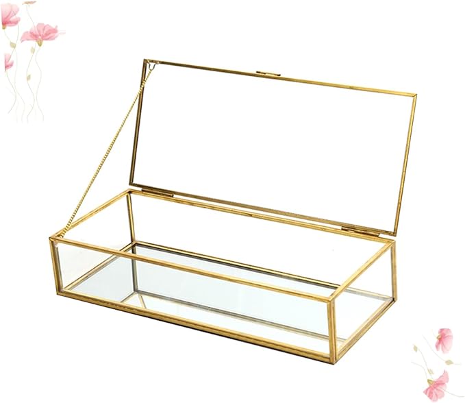 Ipetboom Golden Trim Geometric Glass Jewelry Box for Wedding Storage Desktop Display Case for Rings Earrings Necklaces Elegant Makeup Organizer Container