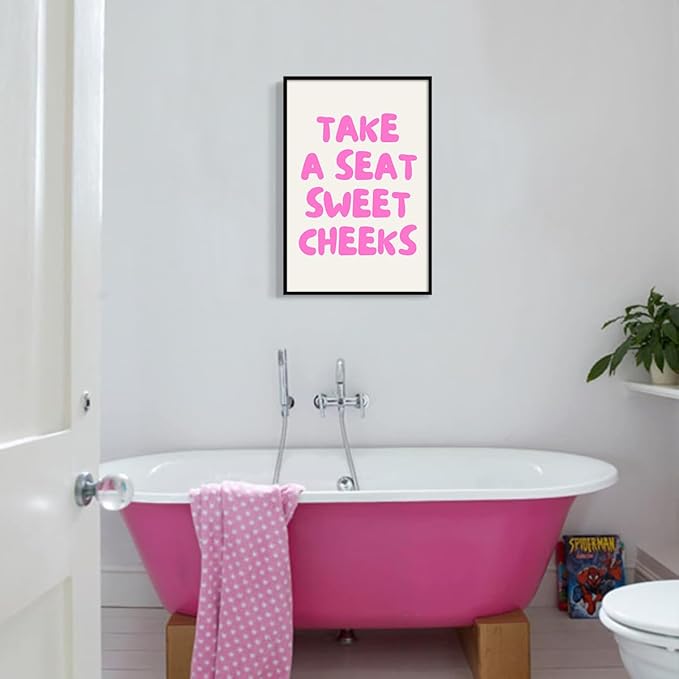 Pink Take A Seat Sweet Cheeks Canvas Wall Art, Cute Quotes Aesthetic Poster for Room, Funny Bathroom Wall Decor, Trendy Girly Light Pink Restroom Picture Print 24x36in Framed
