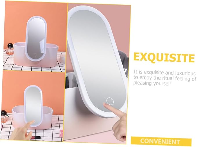 Housoutil Portable Makeup Organizer with Led Mirror Handheld Storage Box for Travel High Definition Rotating Makeup Mirror Sturdy Abs Material for Use