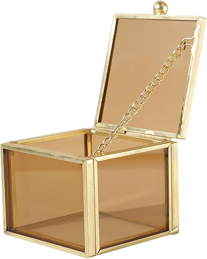 Toyvian Glass Jewelry Box Square Yellow with Lid Small Glass Jewelry Holder Decorative Cosmetic Organizer for Home Storage