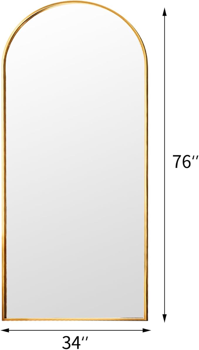 Rowjut Floor Full Length Mirror, Arched Mirrors Full Length 76"x34" Freestanding Large/with Aluminum Frame & Wall Mounted & Hanging or Leaning & Full Body Mirror for Bedroom, (Gold)