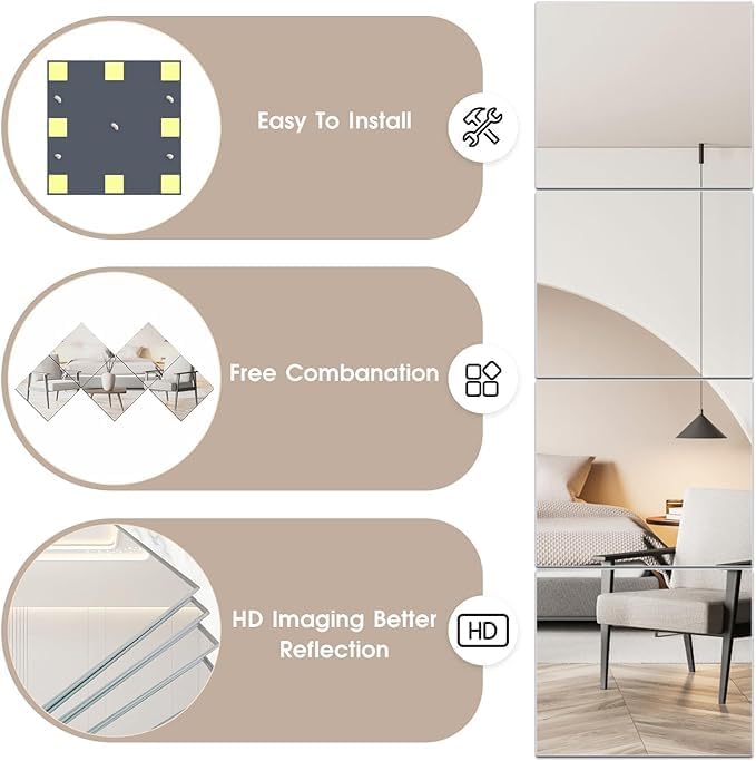 Home Gym Mirror for Gym, 12Pcs 16"×12" Wall Mirror Tiles, Frameless HD Glass Full Length Wall Mirrors for Wall Decor, Bedroom, Living Room, Over The Door, Self Adhesive