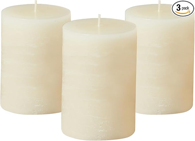 Simply Soson 3x4 inch Ivory Pillar Candles Set of 3, Rustic Texture, Unscented Ivory Candles, Dripless Candles, 3 inch Pillar Candles Ideal as Wedding, Parties, Spas, Dinner, Home Decoration, Church