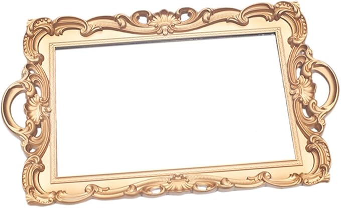 Amosfun Retro Vintage Cosmetics Storage Tray, Golden Mirror Plate Decorative Vanity Organizer for Makeup, Perfume, Jewelry, Home Décor Accent, Rectangular Classic Display Tray