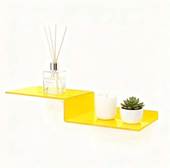 SetGame 2-Pack Acrylic Shelves Z-Shaped Display Stand Wall Mounted, 12 Inch Wall Storage Organizer for Toys, Books, Plants, Photos Album, Suit for Office, Living Room, Room Decor (Yellow)